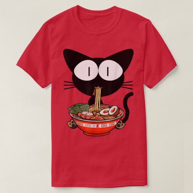 Kawaii Black Cat Ramen Bowl Anime Japanese Noodles T-Shirt (Design Front)