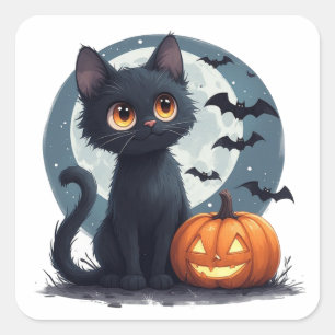 Kawaii Black Cat Under Full Moon Halloween 🎃 Square Sticker