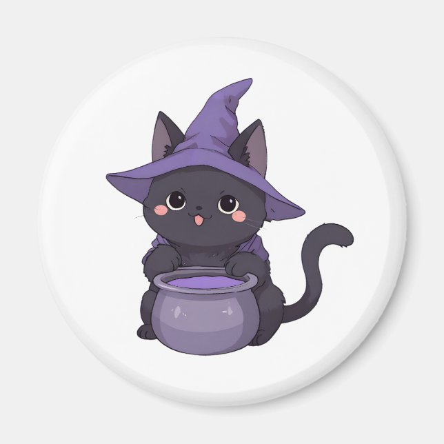 Kawaii Black Cat Witch Halloween Cauldron Magnet (Front)