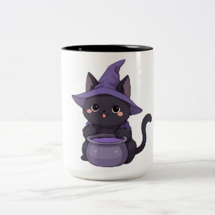 Kawaii Black Cat Witch Halloween Cauldron Two-Tone Coffee Mug