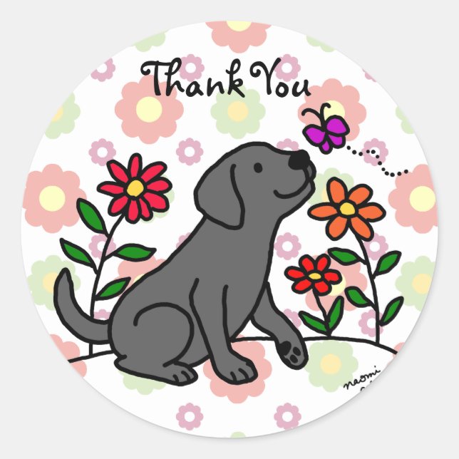 Kawaii Black Labrador Cartoon Floral Classic Round Sticker (Front)