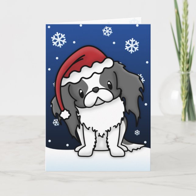 Kawaii Black & White Japanese Chin Christmas Card (Front)
