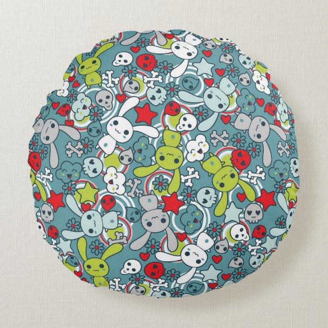 kawaii blue pattern round cushion (Front)