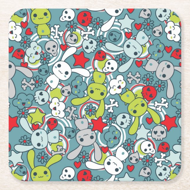kawaii blue pattern square paper coaster (Front)