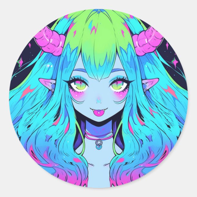 Kawaii Blue, Pink, and Green Anime Girl Demon Classic Round Sticker (Front)