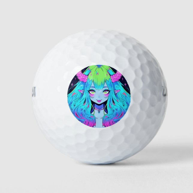 Kawaii Blue, Pink, and Green Anime Girl Demon Golf Balls (Front)
