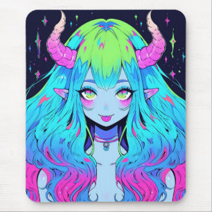 Kawaii Blue, Pink, and Green Anime Girl Demon Mouse Pad