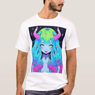 Kawaii Blue, Pink, and Green Anime Girl Demon T-Shirt