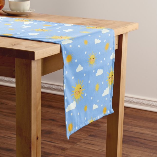 Kawaii Blue Sky Yellow Sunshine Short Table Runner (In Situ)