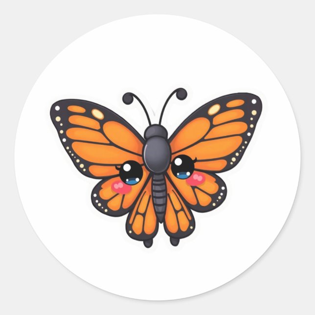 "Kawaii Blushing Butterfly-Chan: Monarch Magic" Classic Round Sticker (Front)