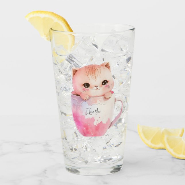 Kawaii Blushing Pink Chibi Cat Glass (Front Ice)