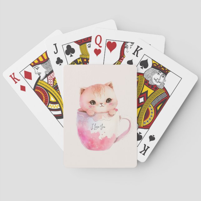 Kawaii Blushing Pink Chibi Cat Playing Cards (Back)