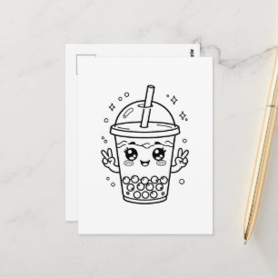 Kawaii boba tea colouring postcard