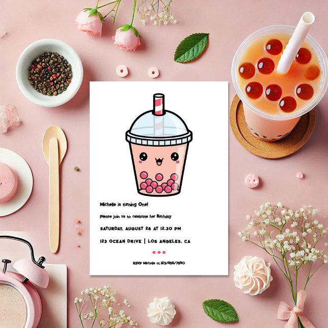 Kawaii Boba Tea First Birthday Party Photo Invitation (Kawaii Boba Tea First Birthday Party Photo Invitation)