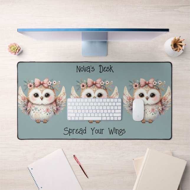 Kawaii Boho Owl Illustration Blue Desk Mat (Office 1)