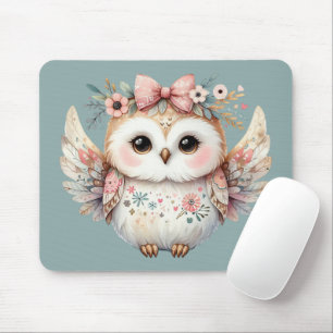 Kawaii Boho Owl Illustration Blue Mouse Pad