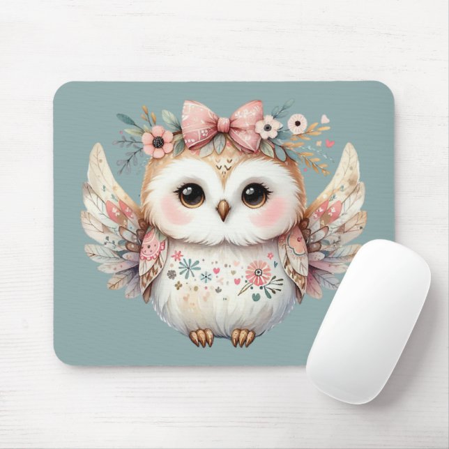 Kawaii Boho Owl Illustration Blue Mouse Pad (With Mouse)