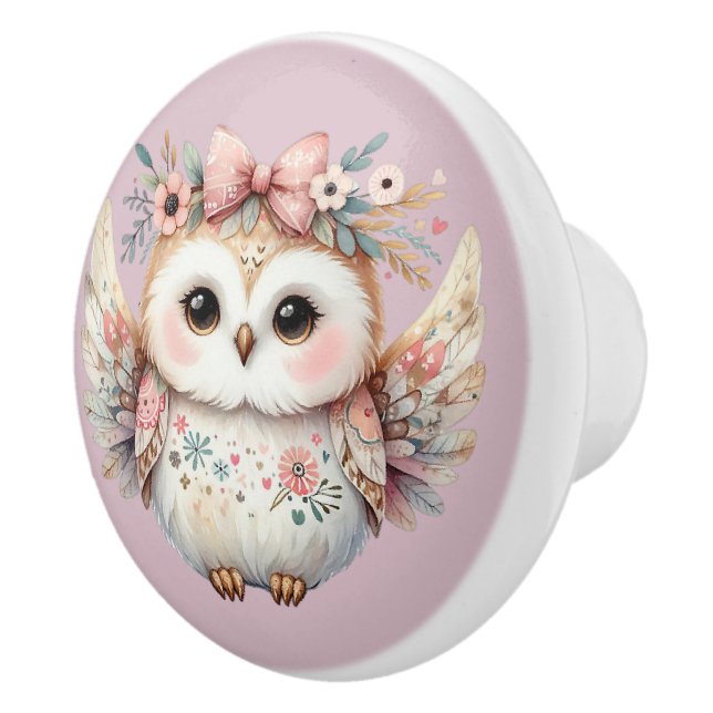 Kawaii Boho Owl Illustration Ceramic Knob (Right)