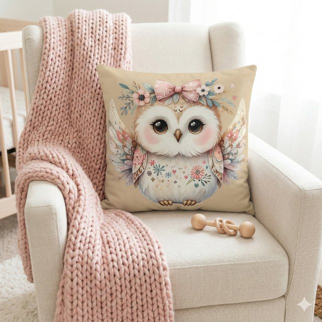 Kawaii Boho Owl Illustration Cushion (Kawaii Boho Owl Illustration Throw Pillow Mockup A)