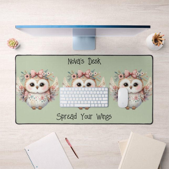 Kawaii Boho Owl Illustration Green Desk Mat (Office 1)