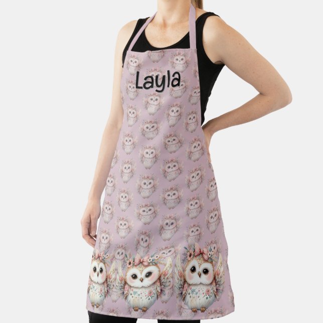 Kawaii Boho Owl Illustration Lavender Apron (Insitu)