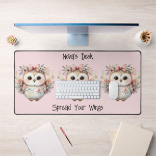 Kawaii Boho Owl Illustration Pink Desk Mat