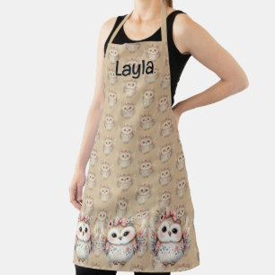 Kawaii Boho Owl Illustration Taupe Apron