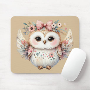 Kawaii Boho Owl Illustration Taupe Mouse Pad