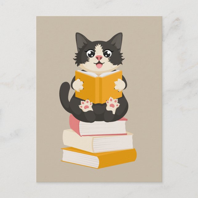 Kawaii Book Lover Simple Cartoon Cat Reader Book Postcard (Front)