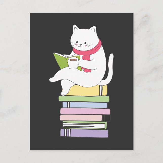 Kawaii Book Reader Cat Lover Tea Drinker Postcard (Front)