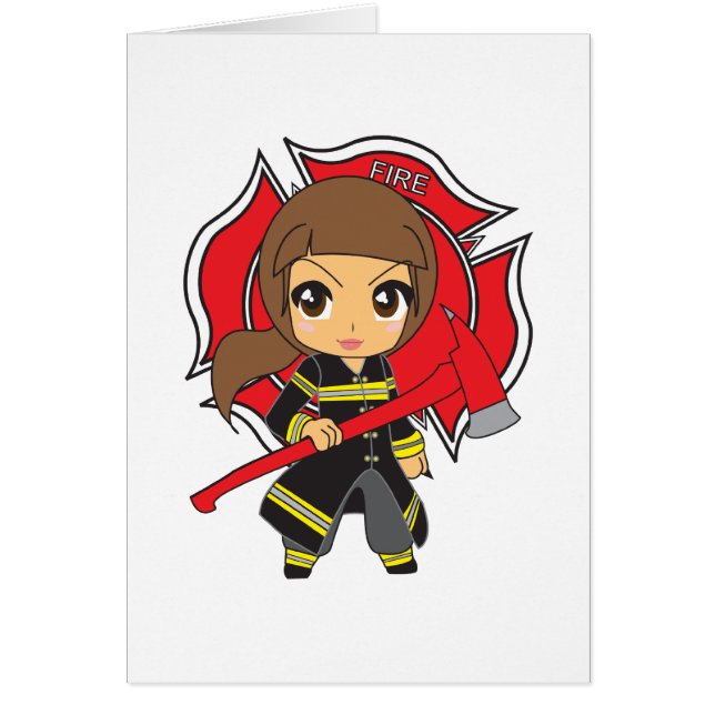 Kawaii Brunette Firefighter Girl (Front)