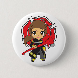 Kawaii Brunette Firefighter Girl - 6 Cm Round Badge