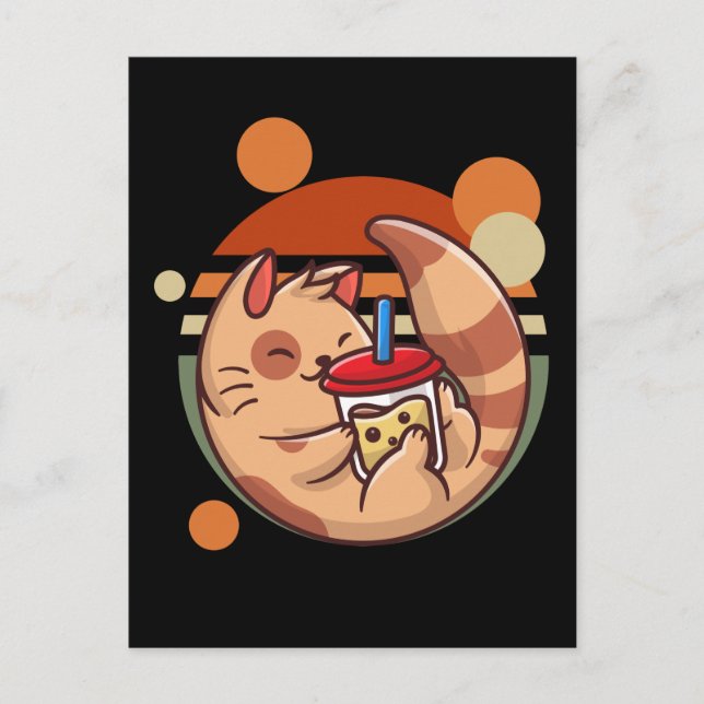 Kawaii Bubble Tea Cat Retro Kitty Postcard (Front)