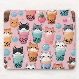 Kawaii Bubble Tea Cats Seamless Pattern Mouse Pad
