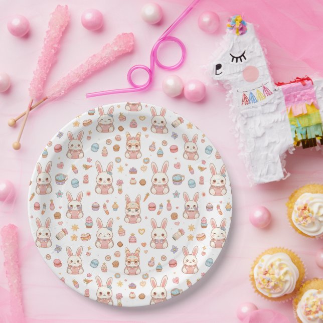 Kawaii Bunny Café Easter Cute Chibi Bunnies  Paper Plate (Party)