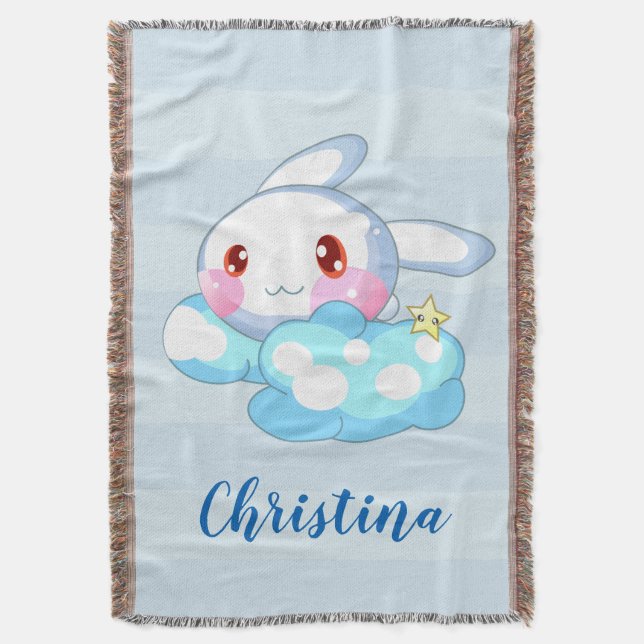 Kawaii Bunny, Cloud & Star Custom Throw Blanket (Front Vertical)
