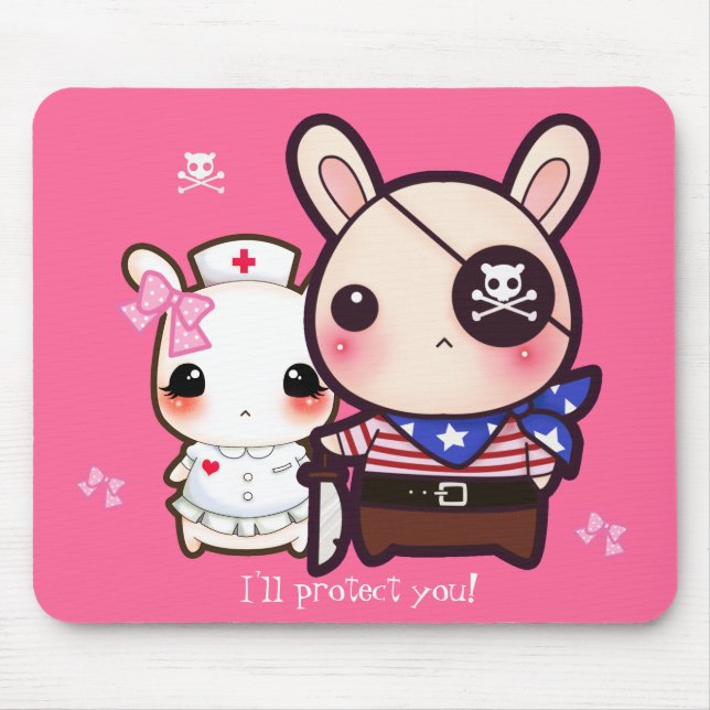 Kawaii bunny couple on pink mouse pad (Front)