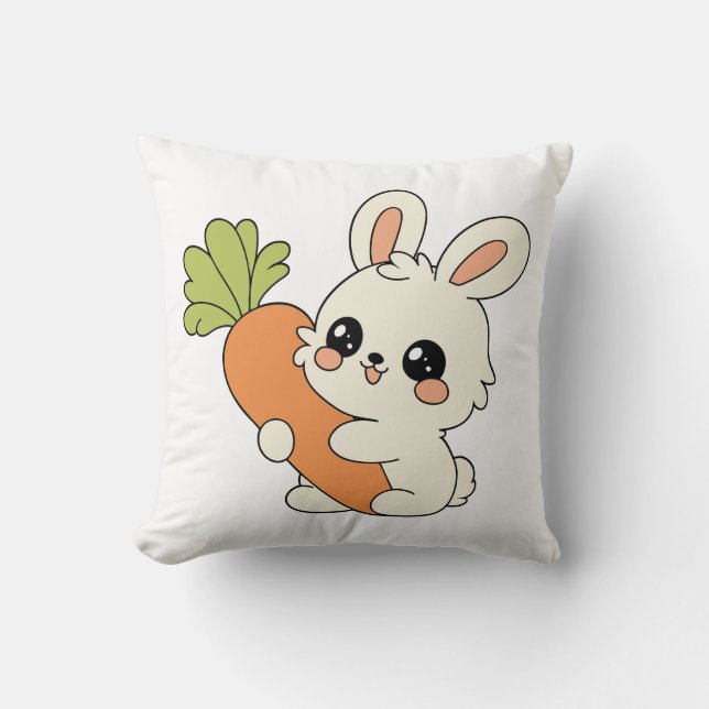 Kawaii Bunny Holding Carrot Throw Pillow (Front)