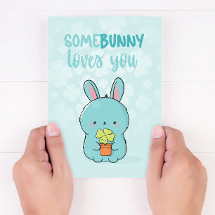 Kawaii Bunny Holding Clover: Somebunny Loves you Card