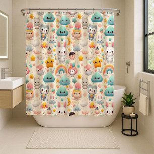Kawaii Bunny Pastel Whimsical Kids Shower Curtain