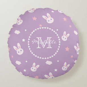 Kawaii Bunny Rabbit Pastel Purple Pattern Monogram Round Cushion