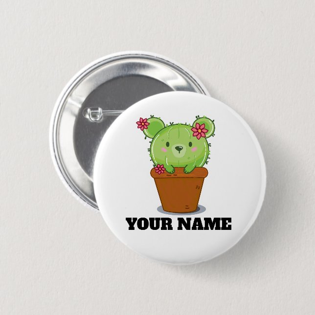 Kawaii Cactus Bear in Flower Pot Button Badge (Front & Back)