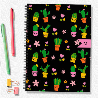 Kawaii Cactus Monogram Black Spiral Notebook