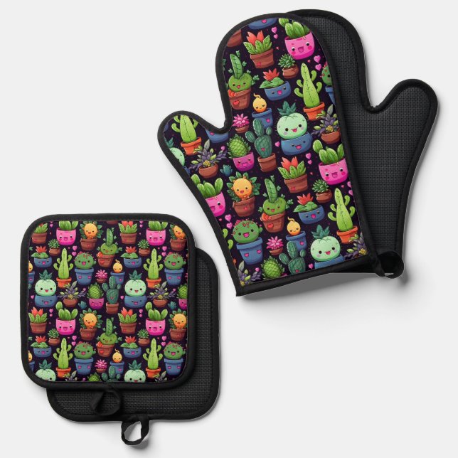 Kawaii Cactus Oven Mitt Set (Front/Back)