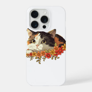 Kawaii Calico Cat Floral Peeking Art iPhone 15 Pro Case