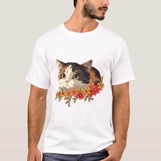Kawaii Calico Cat Floral Peeking Art T-Shirt (Front)