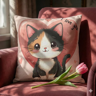 Kawaii Calico Cat Heart Valentine Design Cushion