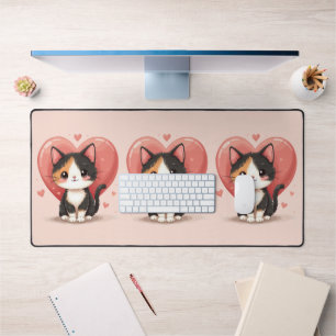 Kawaii Calico Cat Heart Valentine Design Desk Mat