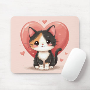 Kawaii Calico Cat Heart Valentine Design Mouse Pad