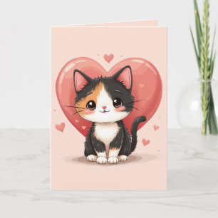 Kawaii Calico Cat Heart Valentine Design Thank You Card